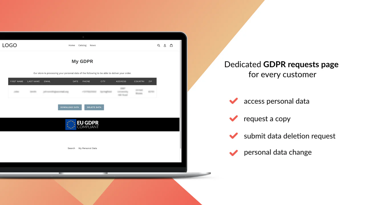 Banner de conformidade com o GDPR do Shopify – Página Meus Dados do GDPR