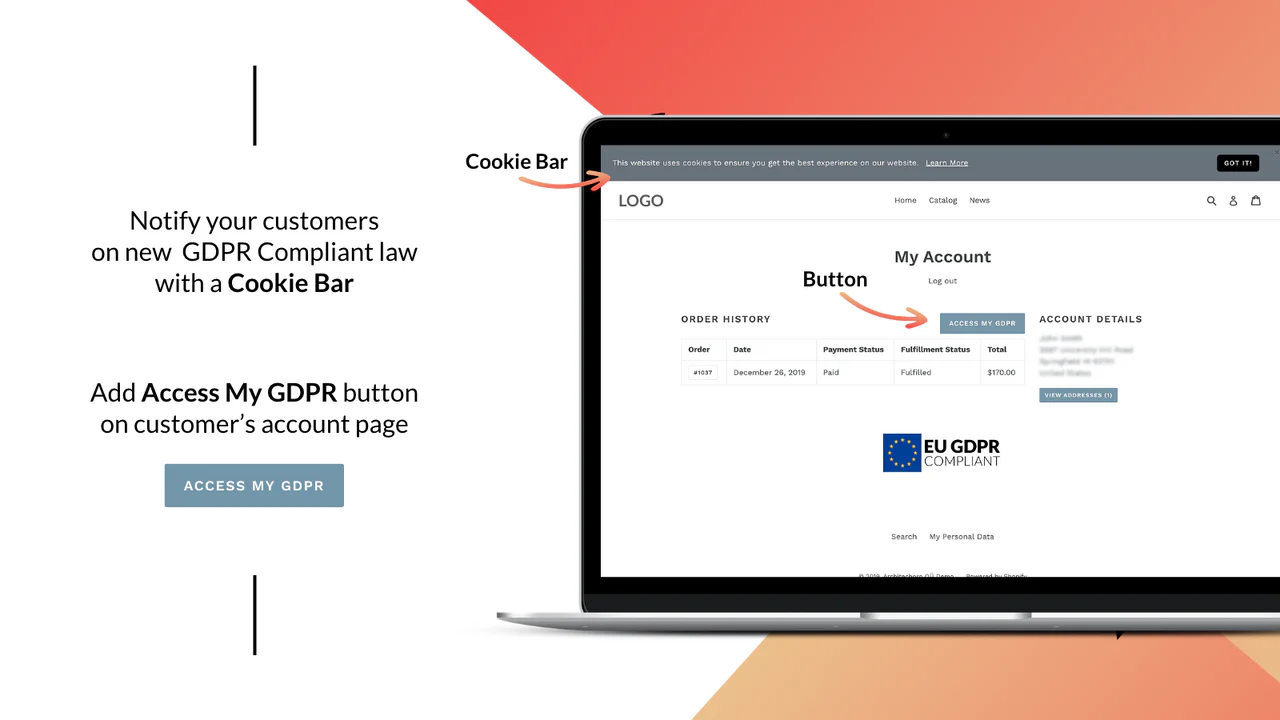 Bannière GDPR et barre de cookies – Section du compte