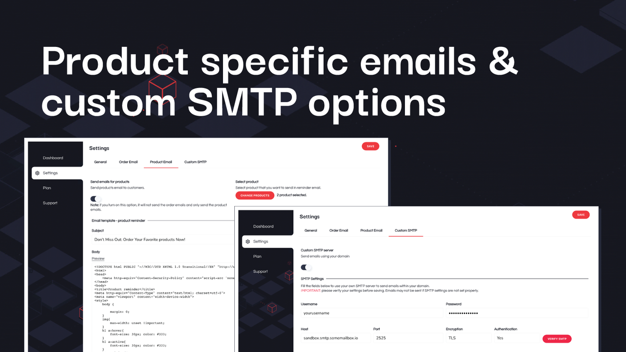 Emails spécifiques aux produits et options SMTP personnalisées