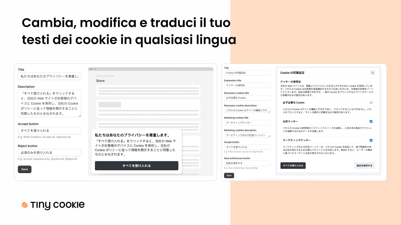 Cambia,modifica e traduci i testi dei cookie in qualsiasi lingua