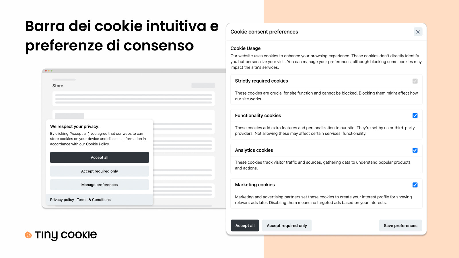 Barra dei cookie intuitiva e preferenze di consenso