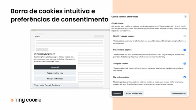 Barra de cookies intuitiva e preferências de consentimento