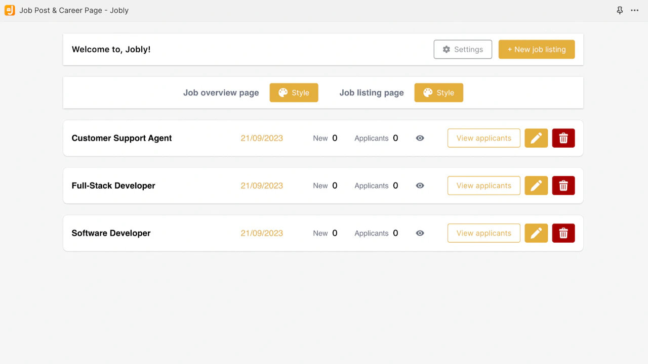 painel do aplicativo para gerenciar todos os empregos