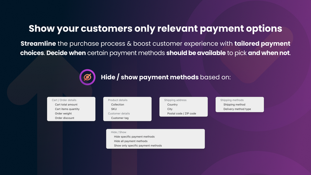 Ocultar métodos de pago en Shopify basado en diversas condiciones