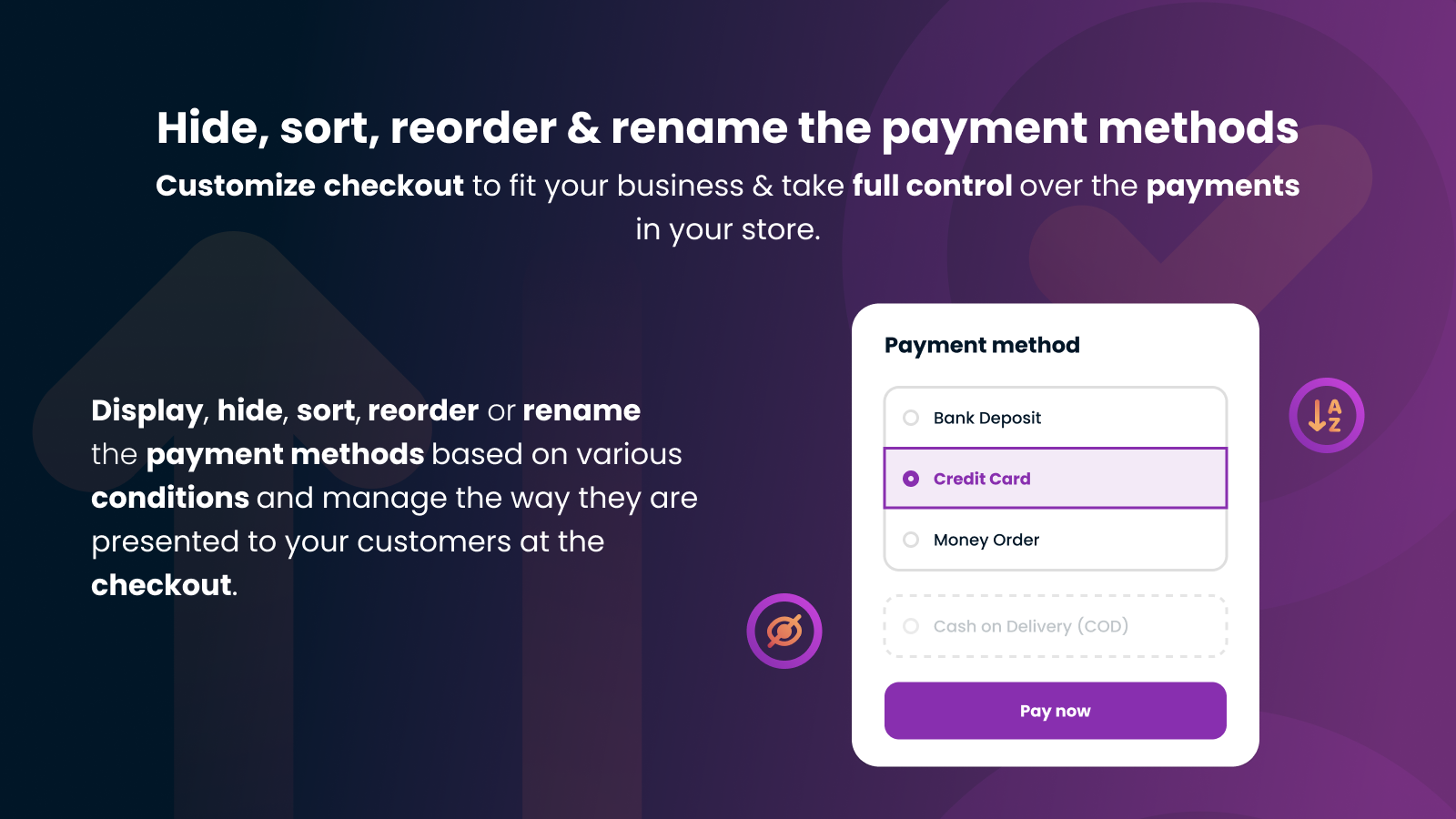 Sort, reorder, rename, hide payment methods at Shopify checkout