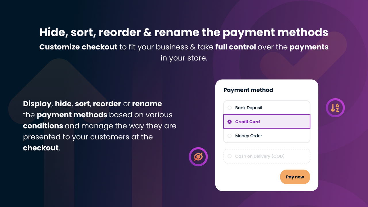 Hide, sort, reorder, rename payment methods at Shopify checkout