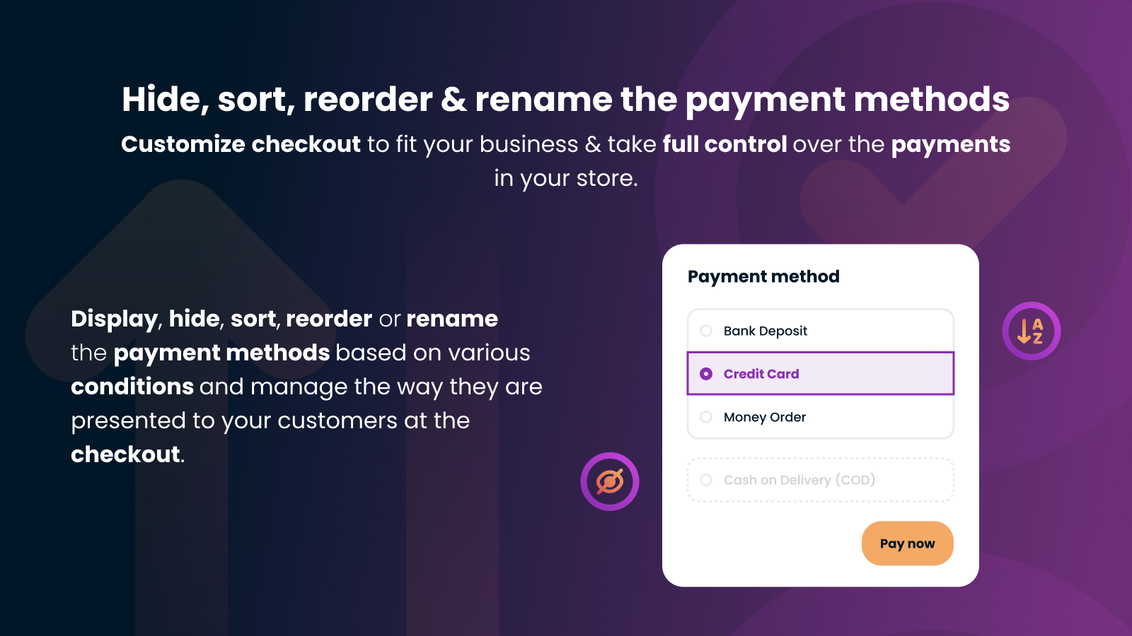 Sort, reorder, rename, hide payment methods at Shopify checkout