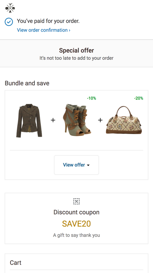 Checkout upsell aanbieding, product met variant selector