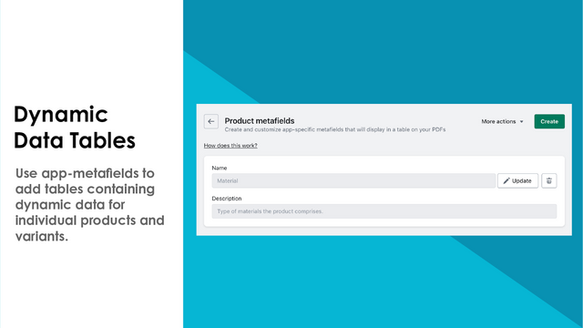 Use app-metafields to add dynamic data tables to your documents.