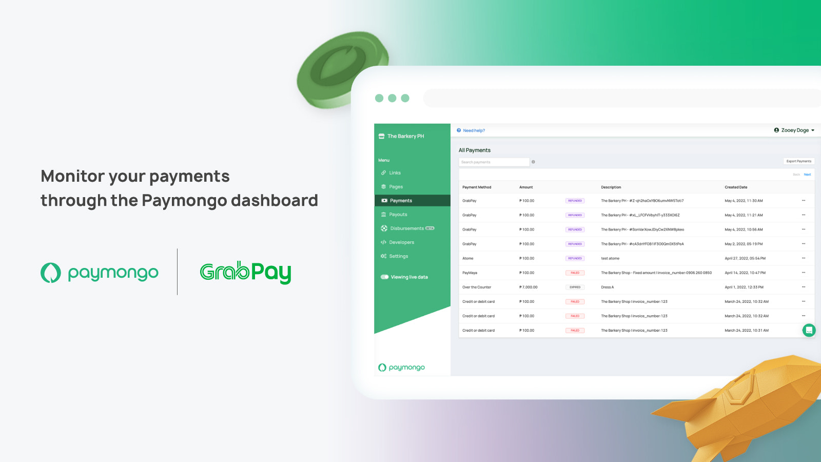 Övervaka dina betalningar genom Paymongo-dashboarden.