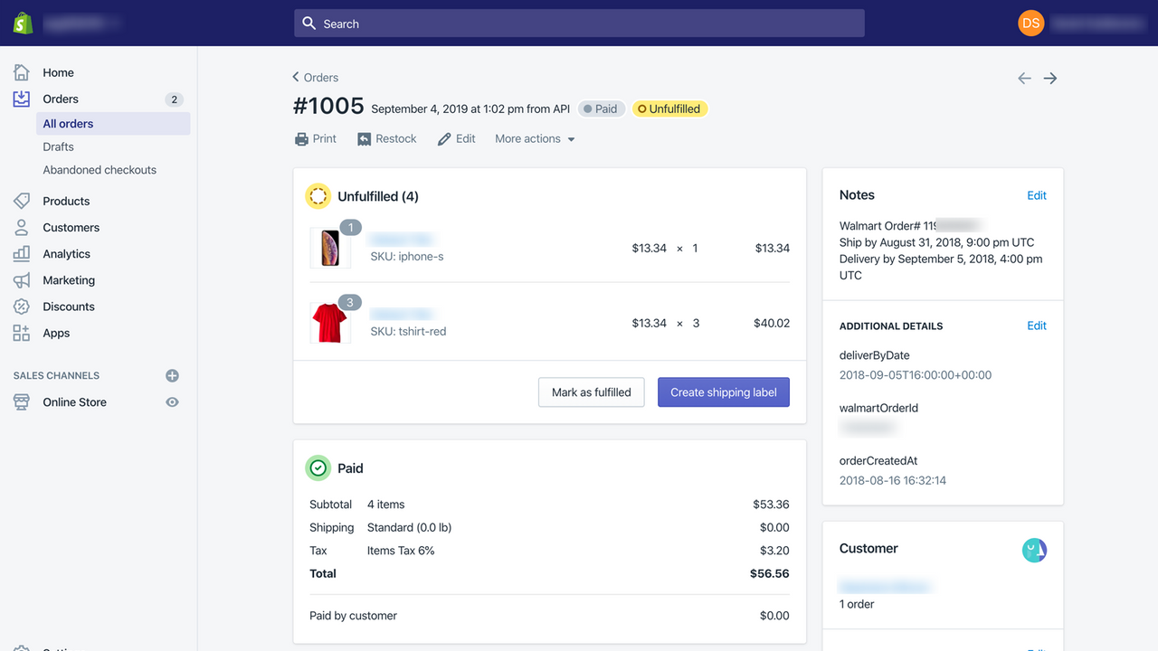 Walmart order in Shopify panel.