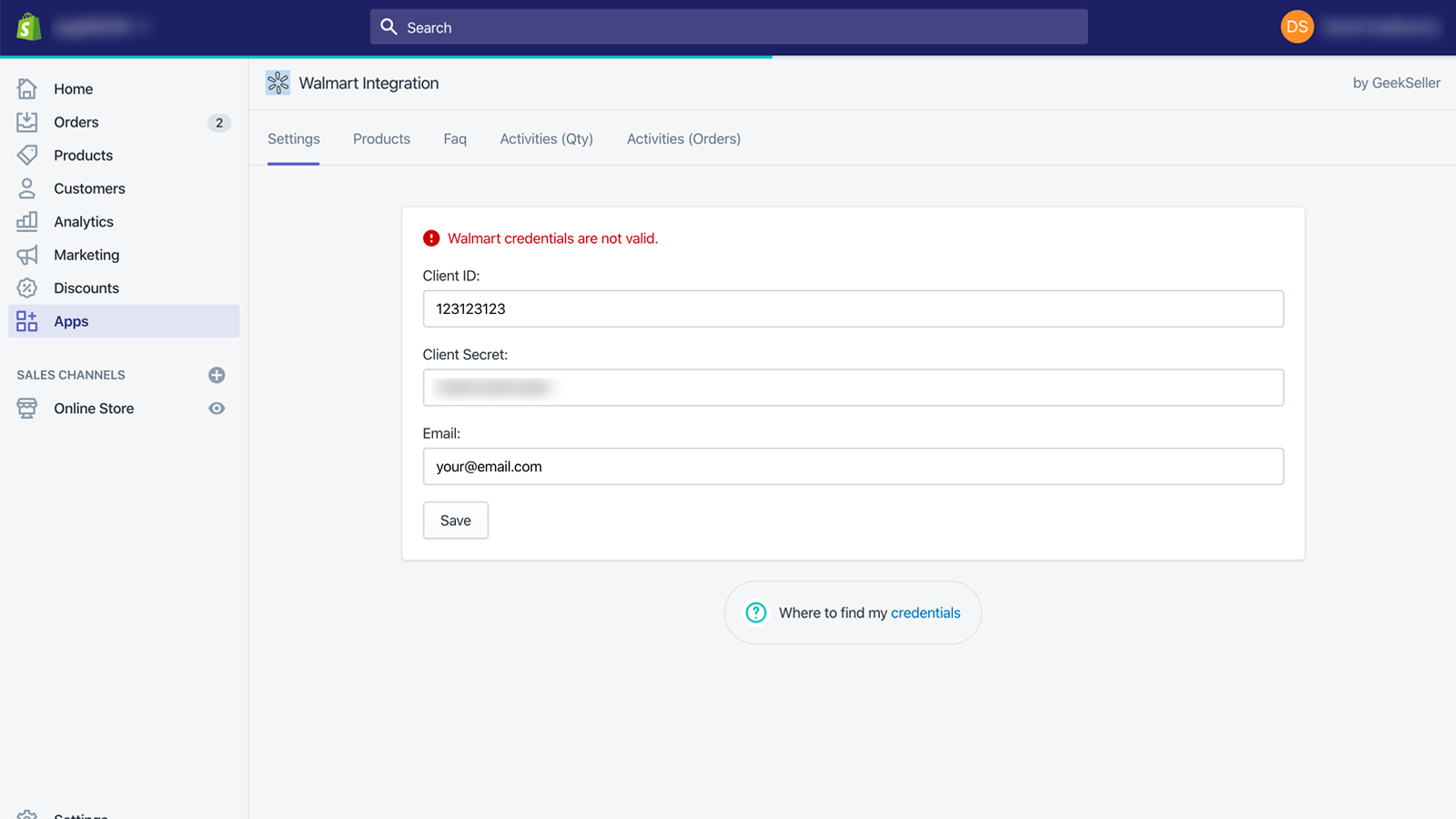 Página de configuración de la aplicación.