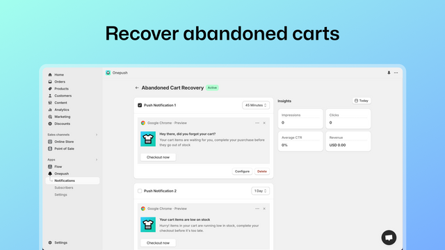 onepush abandoned cart recovery notification flow