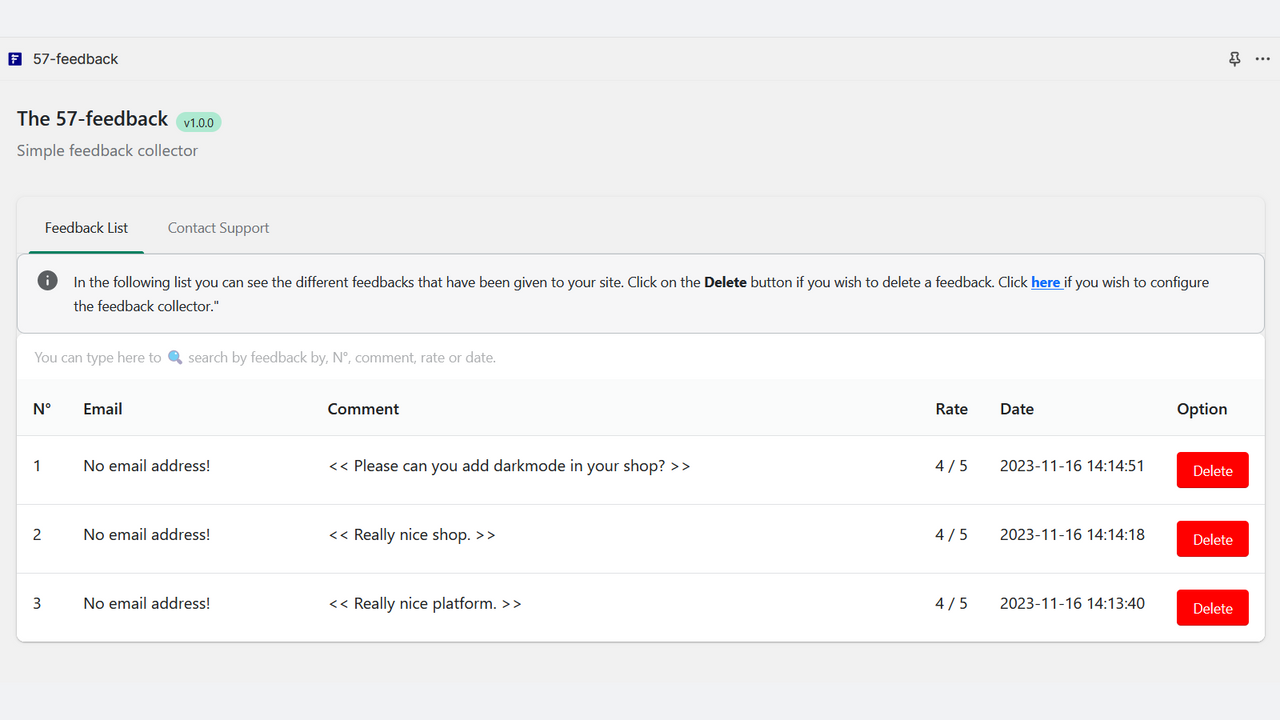 Bildschirm zur Konsultation von Feedback auf Ihrer Website vom Dashboard aus.