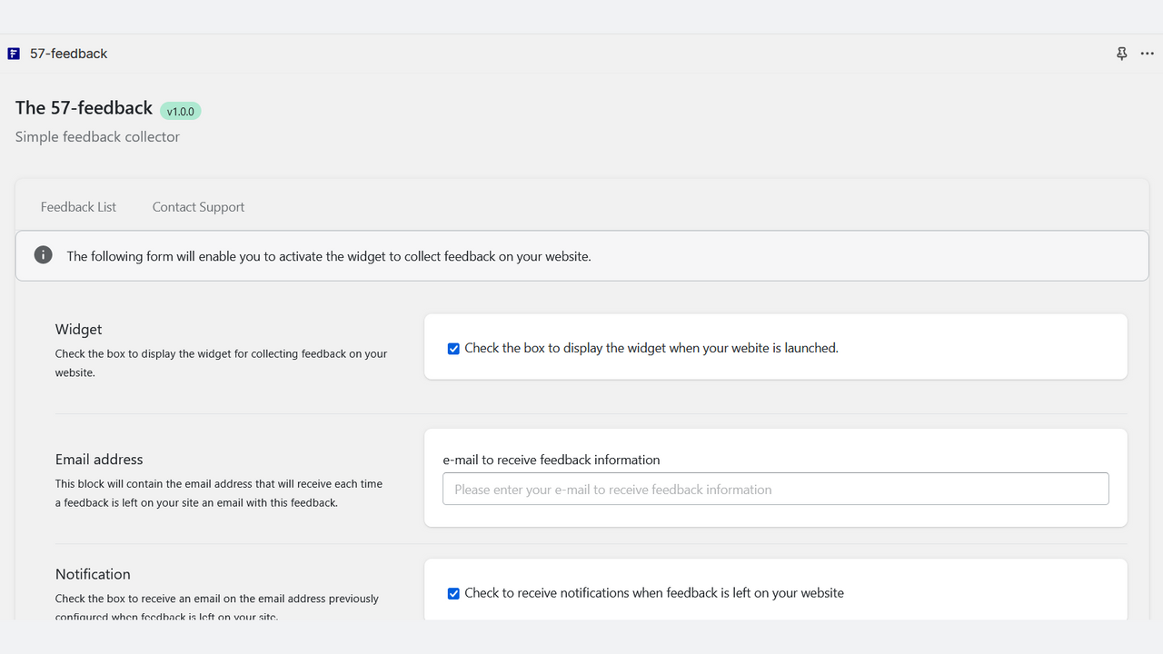 Application configuration screen.