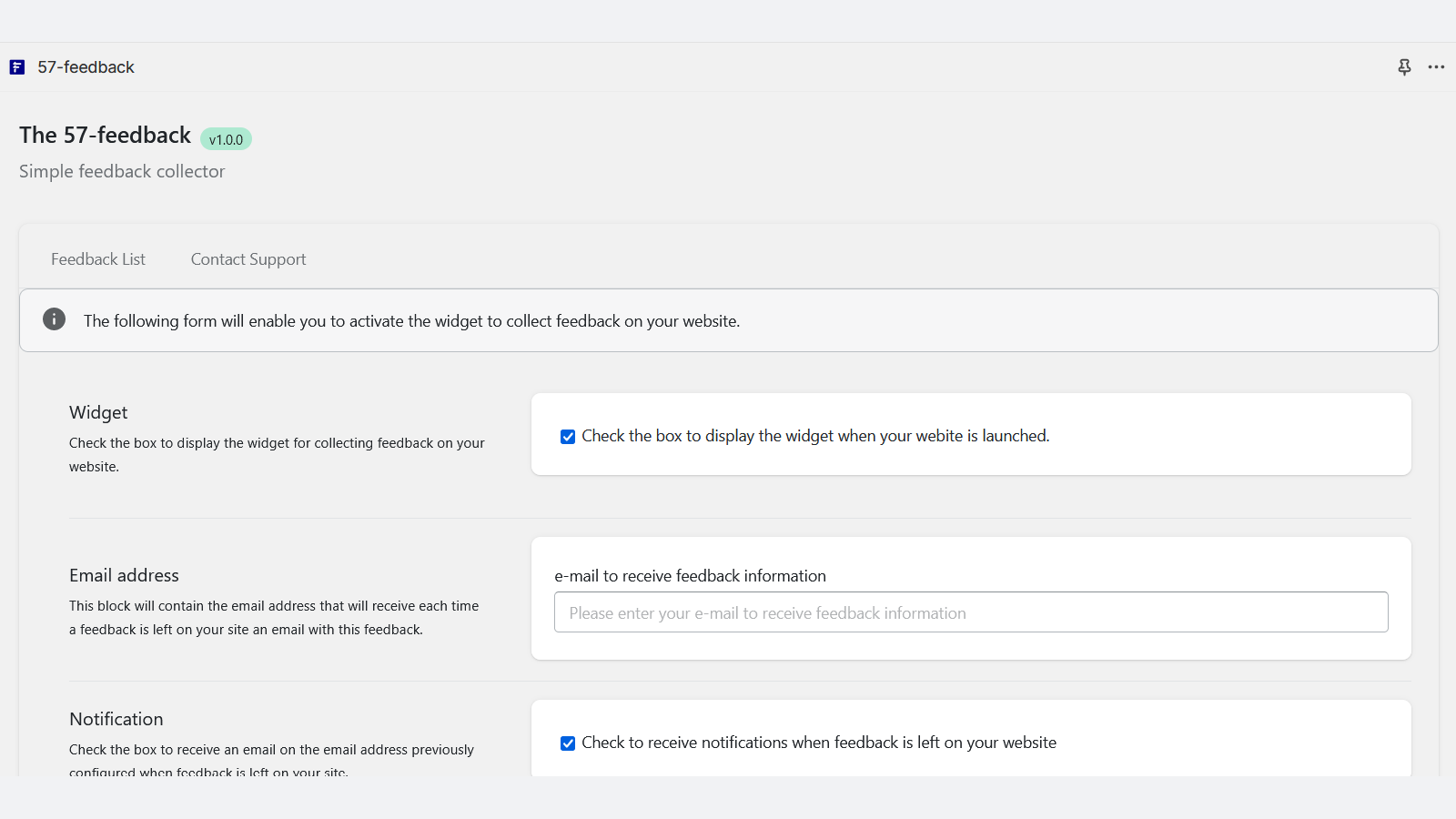 Application configuration screen.