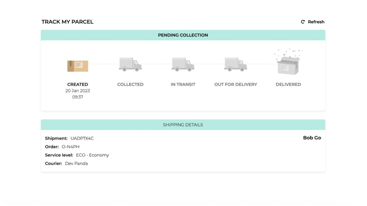 Image of the tracking page for Bob Go shipments.