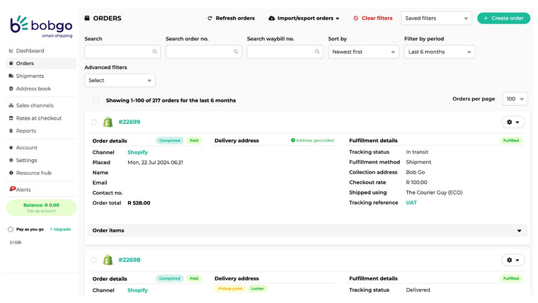 Bob Go smart shipping solution Screenshot