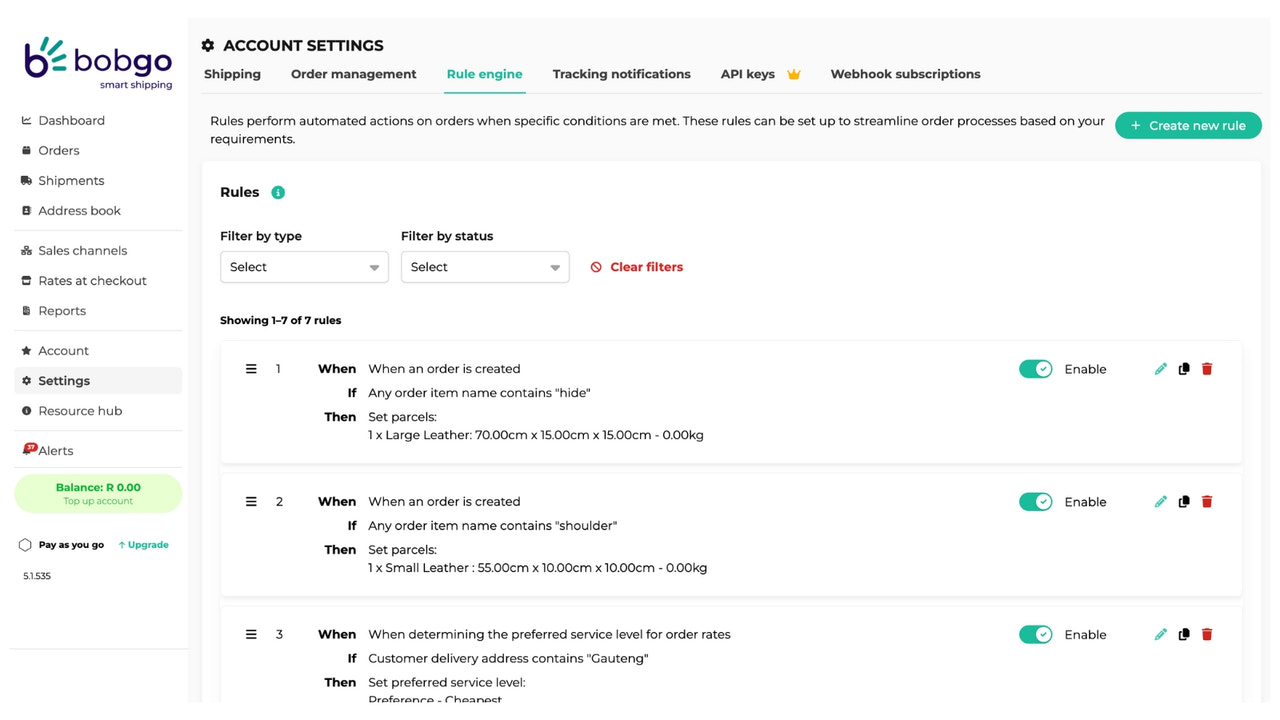 Image of the rule engine setup on the Bob Go app.