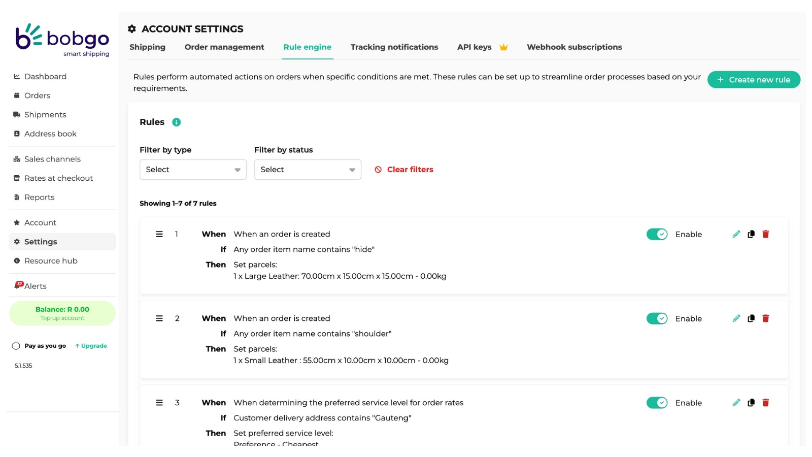 Image of the rule engine setup on the Bob Go app.