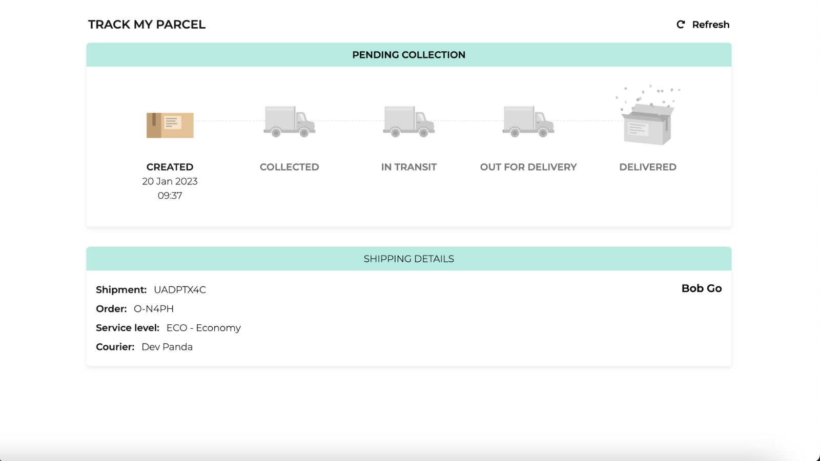 Image of the tracking page for Bob Go shipments.