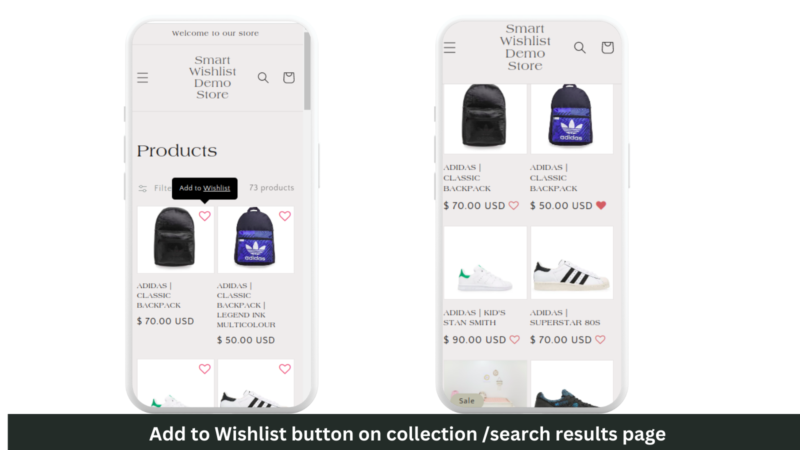Botão de lista de desejos na página de coleção em dispositivos móveis