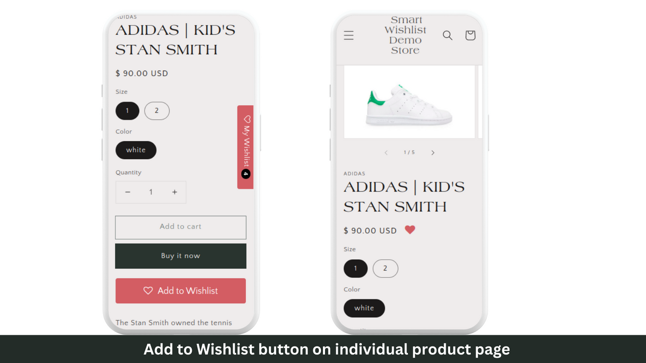 Botón de lista de deseos en páginas de productos individuales en dispositivos móviles