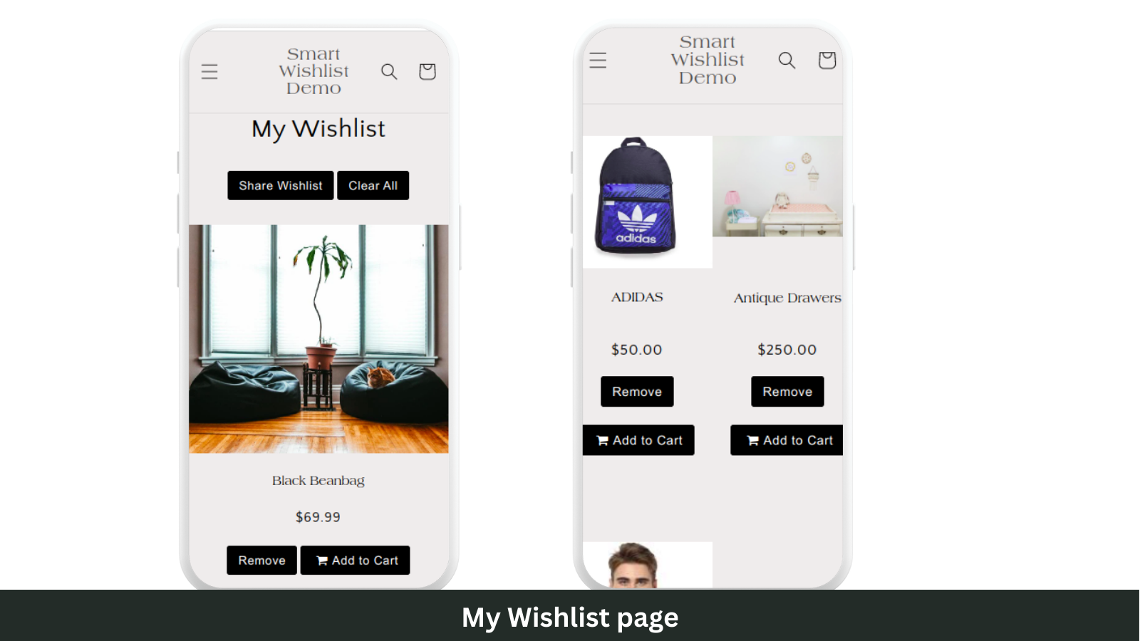 Min ønskeliste-side genereret af Smart Wishlist på mobile enheder