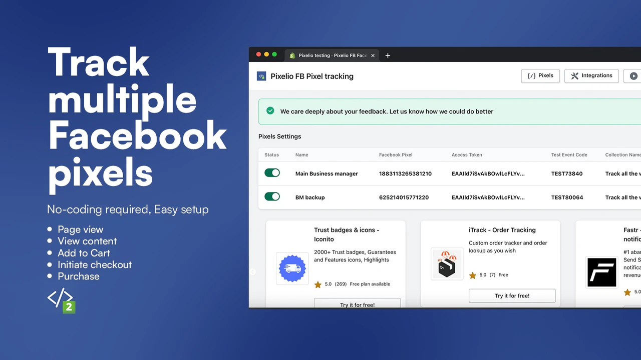 Dashboard de gerenciamento de negócios de anúncios do Pixel do Facebook com múltiplos