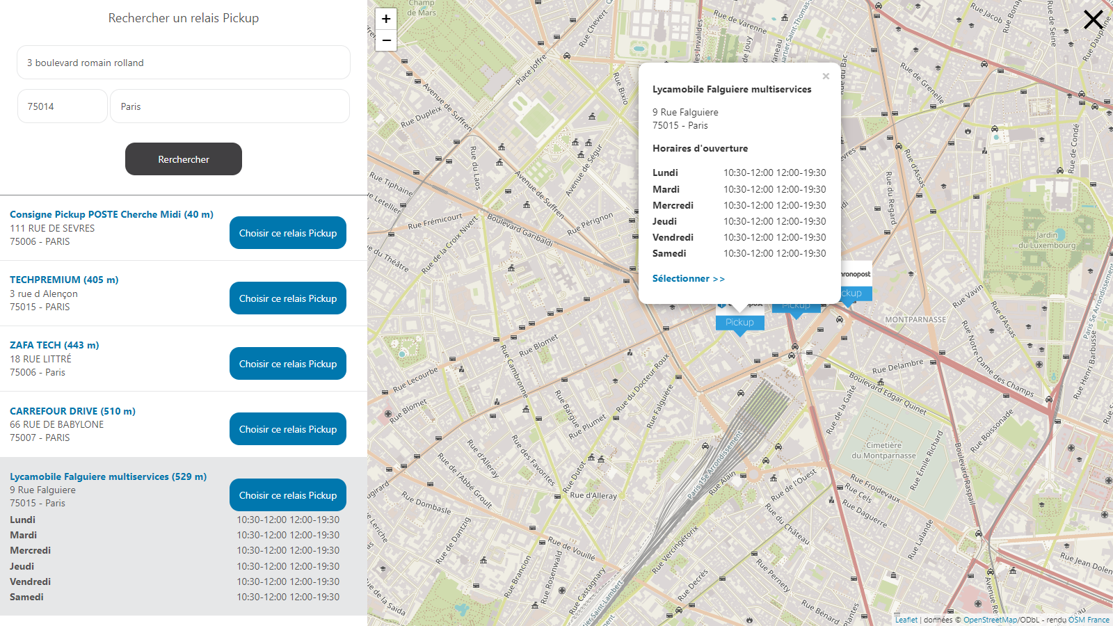 Map to choose the parcelshop with details of opening hours