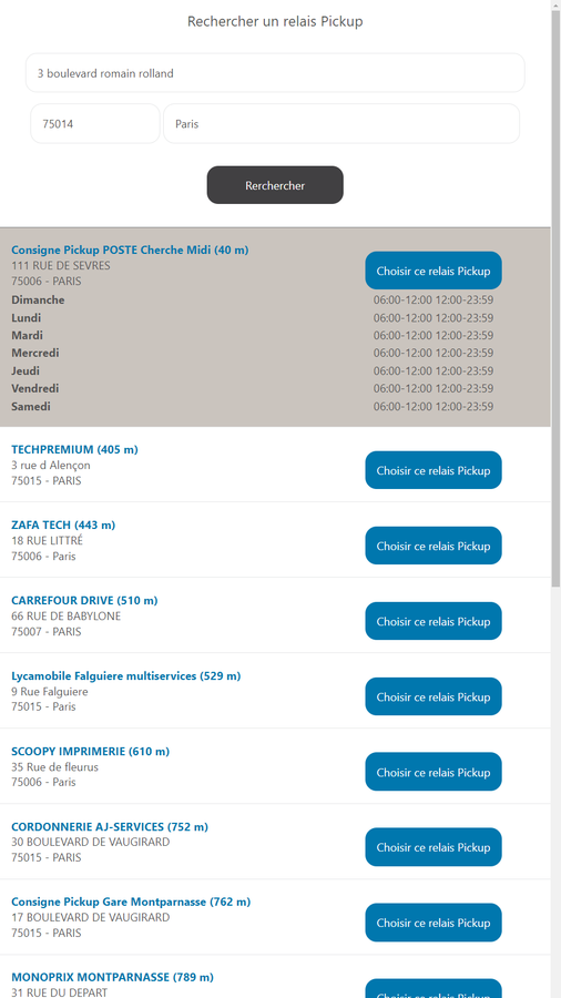 List of choice of parcelshops, from a mobile phone