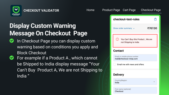 página de checkout mensagem de aviso personalizada