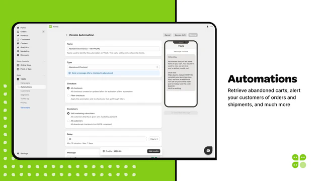 automações ysms carrinho abandonado e novo pedido