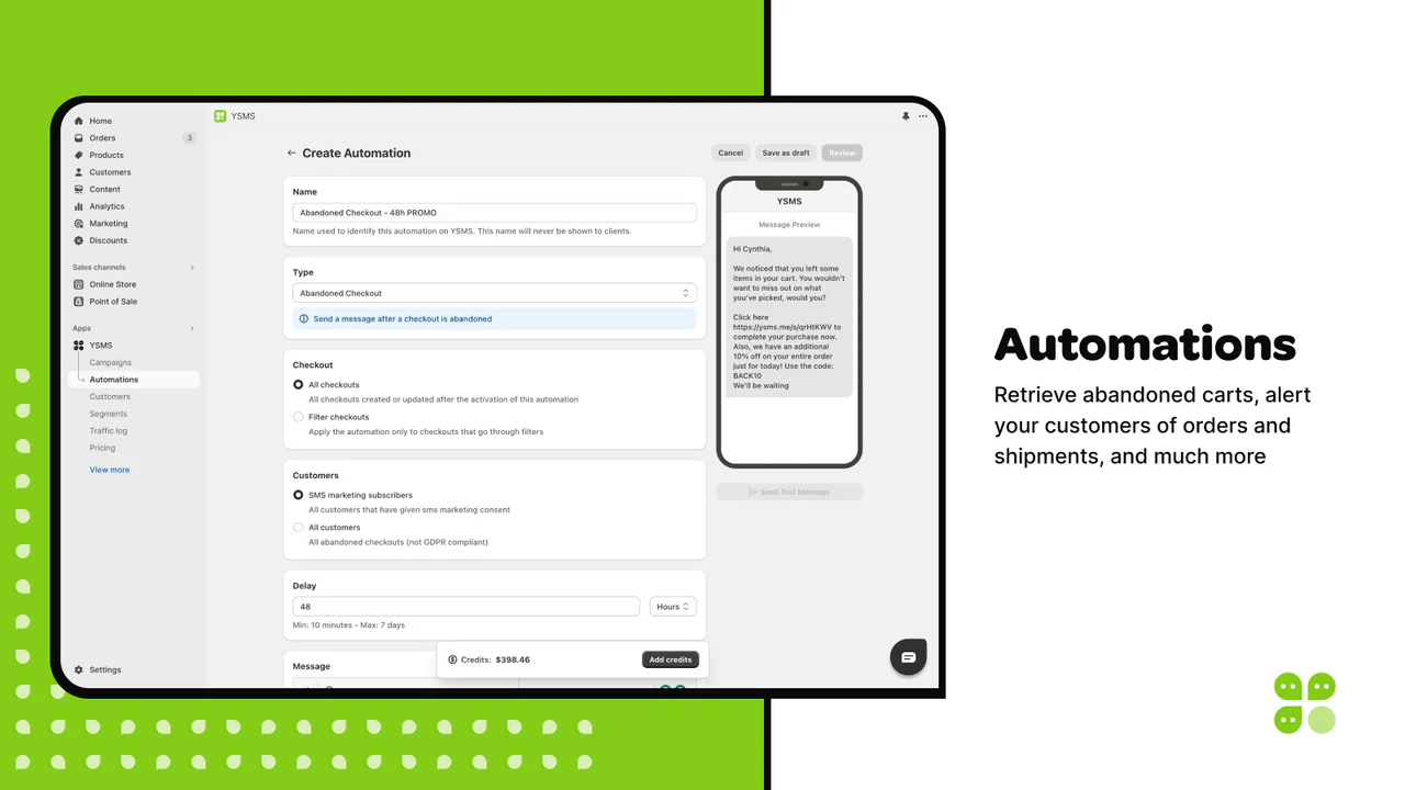 automatisations ysms panier abandonné et nouvelle commande