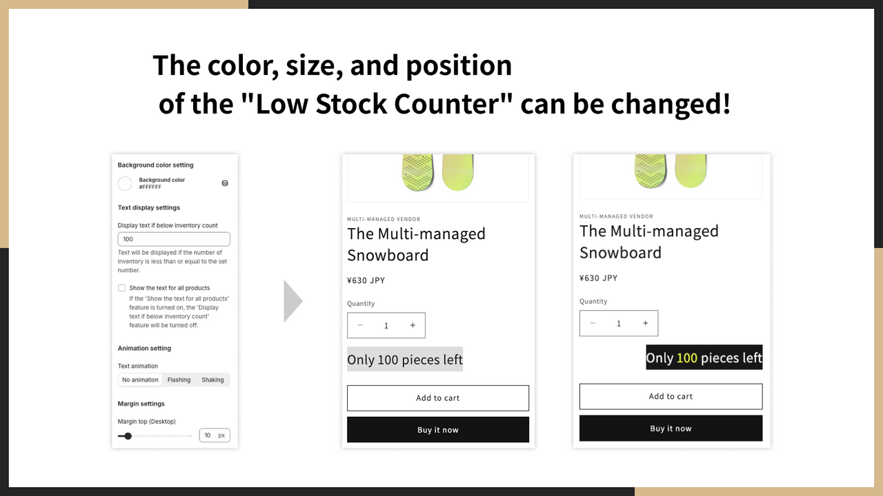 Changez la couleur, la taille et la position du “Compteur de Stock Faible”!