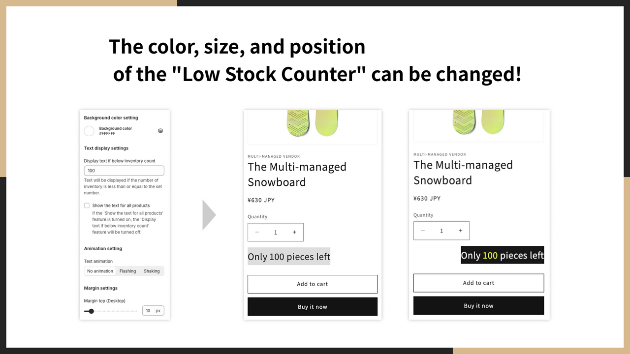 ¡Cambia el color, tamaño y posición del “Contador de Stock Bajo”!