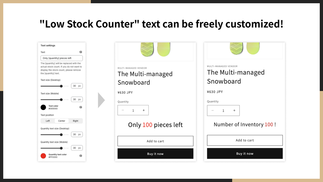 Le texte du "Compteur de Stock Faible" peut être librement personnalisé!