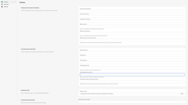 Configurações de pagamento