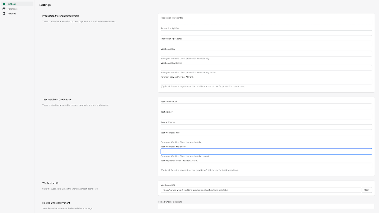 Configurações de pagamento