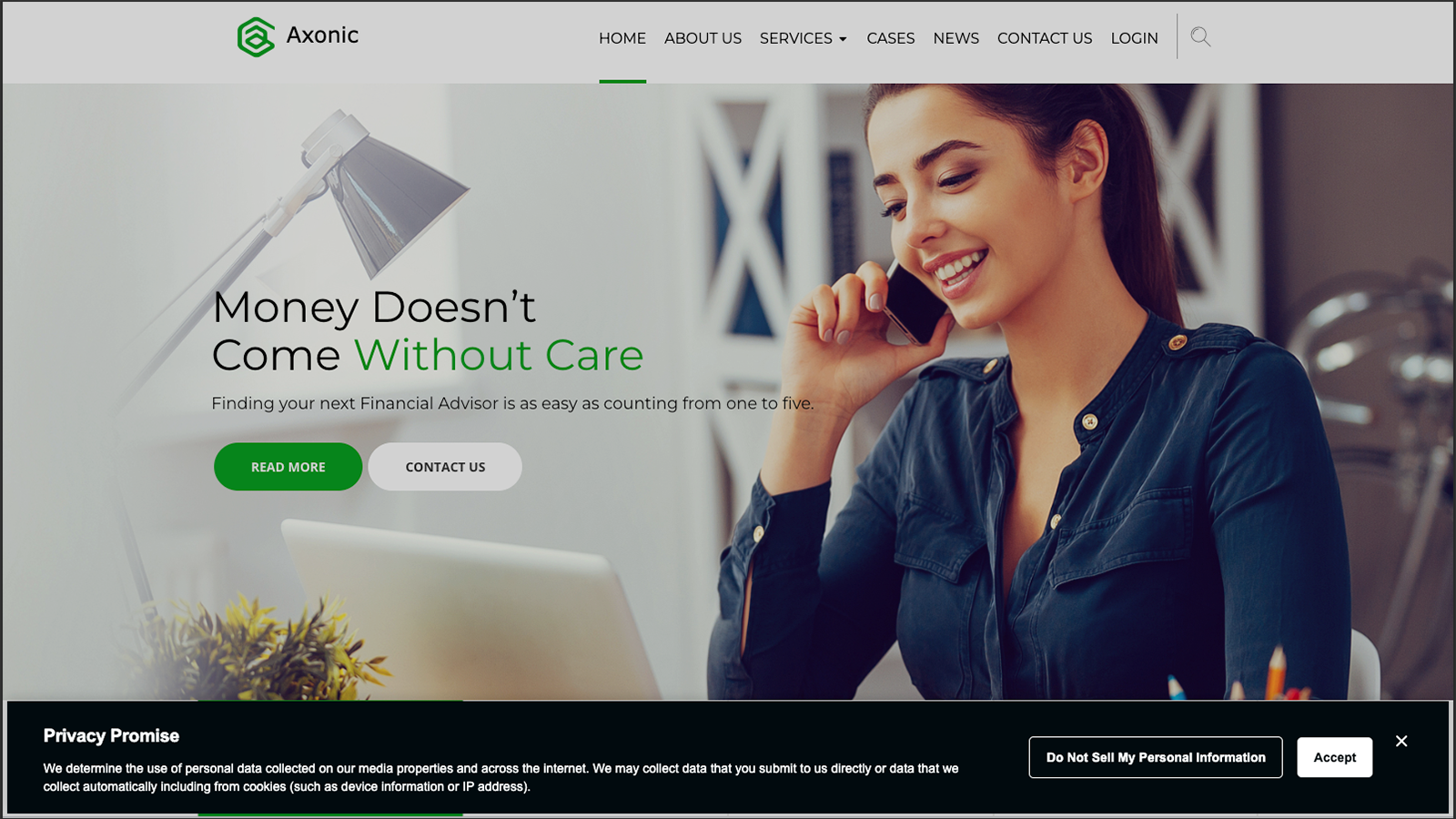 Sitio web de Axonic mostrando el banner de consentimiento de Ketch