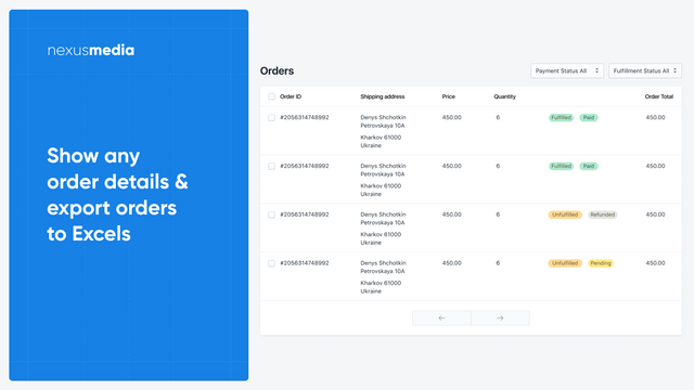 Show any  order details &  export orders  to Excels, CSV, XLS