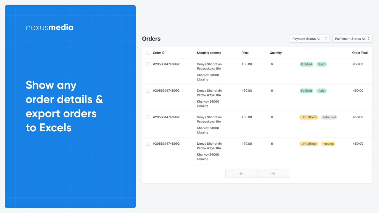 Show any  order details &  export orders  to Excels, CSV, XLS