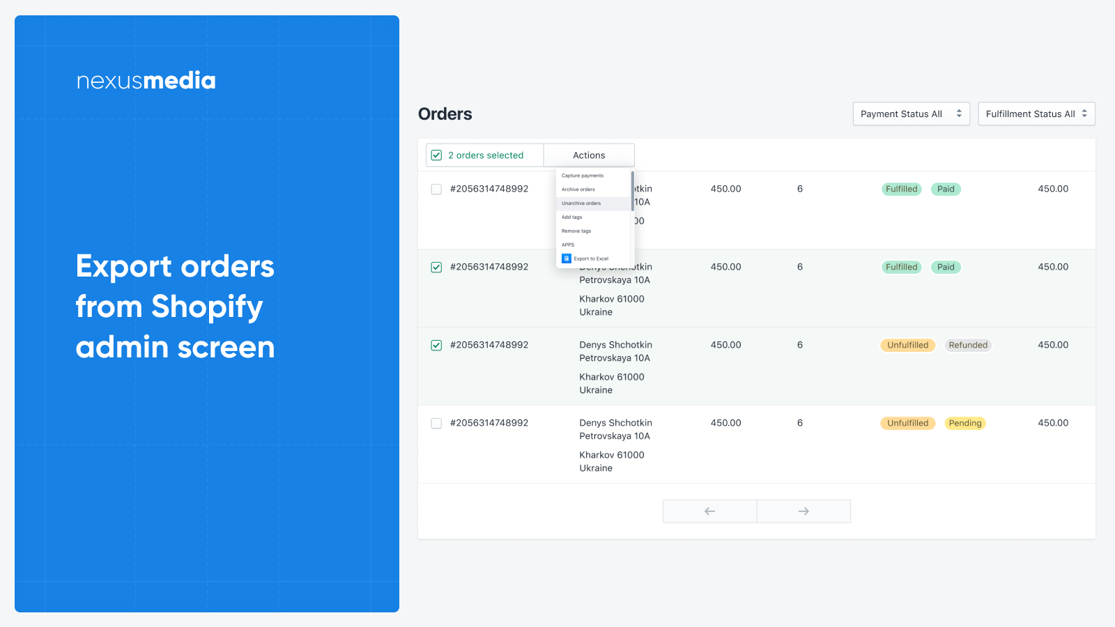 Export orders to CSV, XLS directly from Shopify admin screen