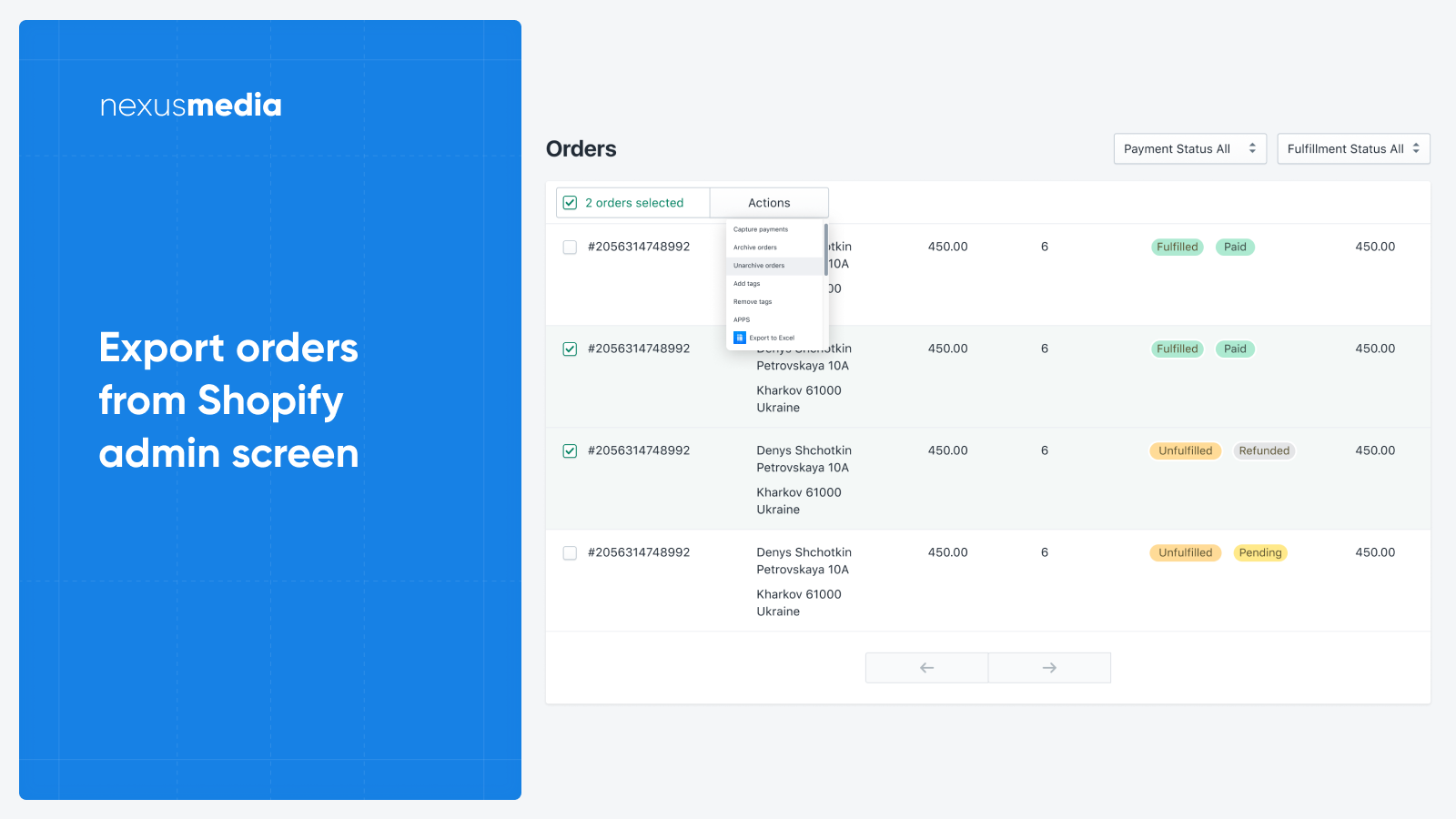 Exportez les commandes vers CSV, XLS directement depuis l'écran d'administration Shopify