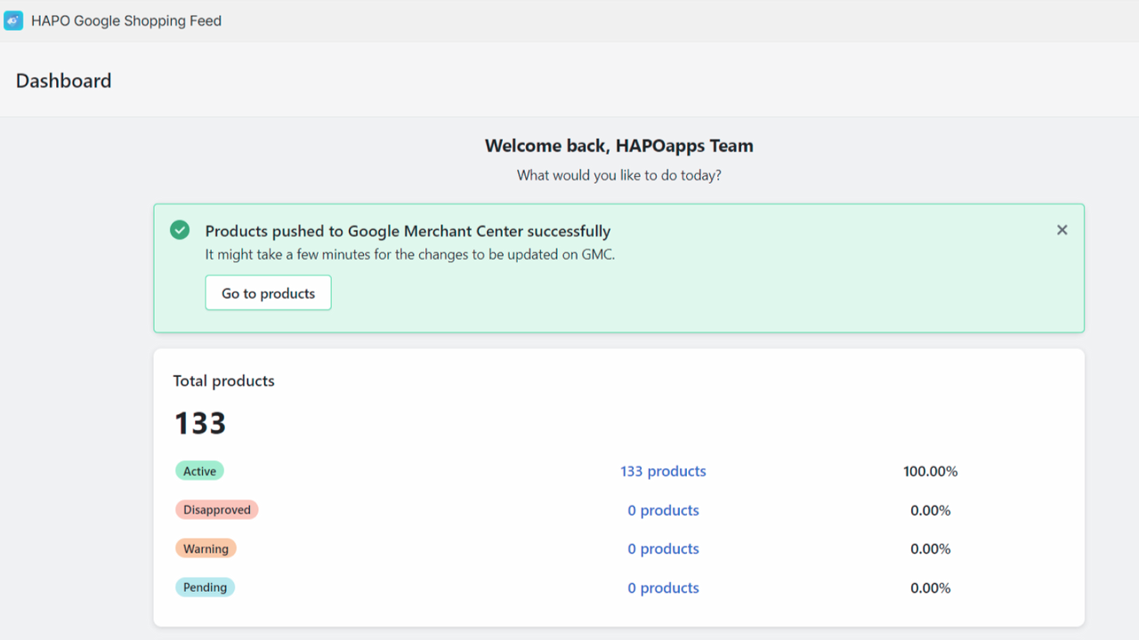 Tableau de bord de HAPO Google Shopping Feed.