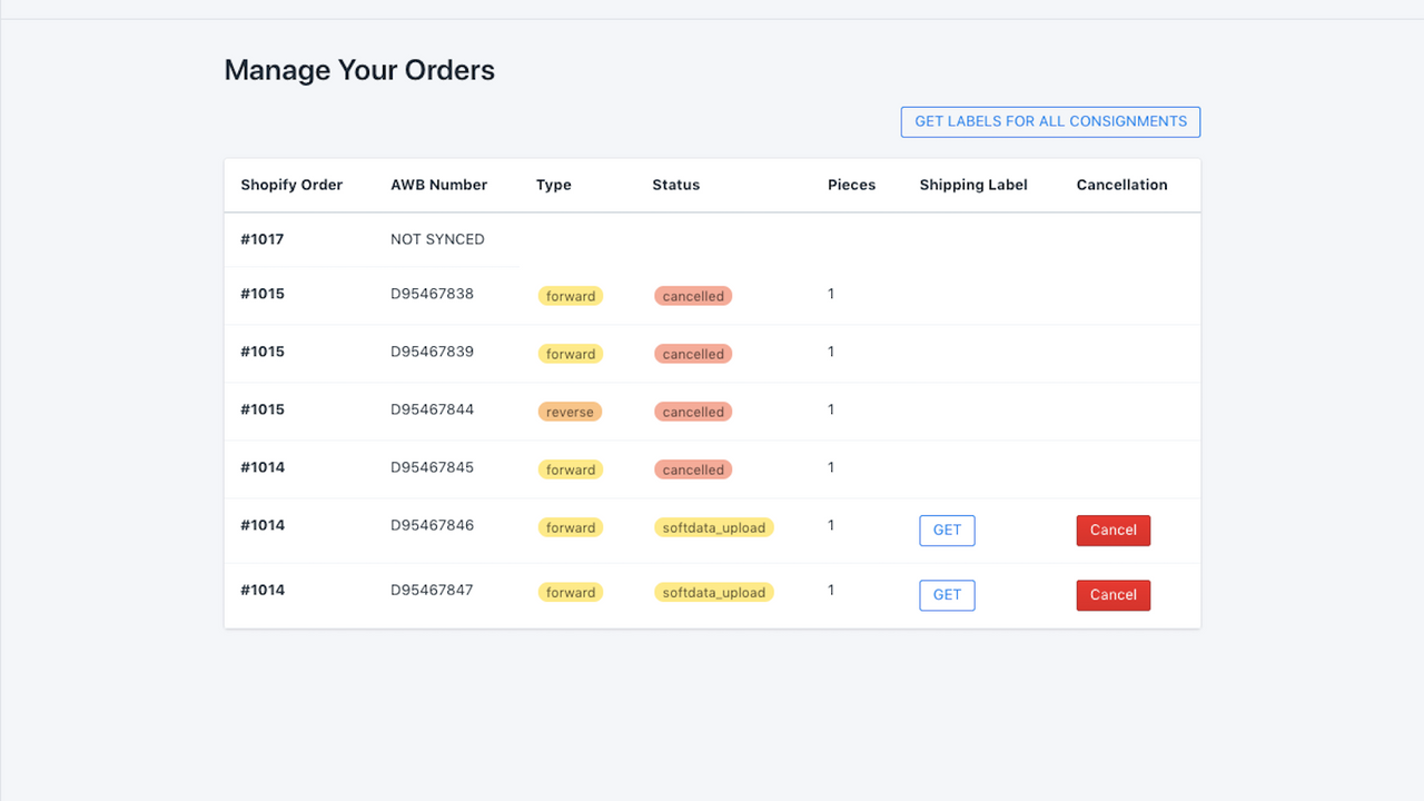 Manage Orders for Labels and Cancellations