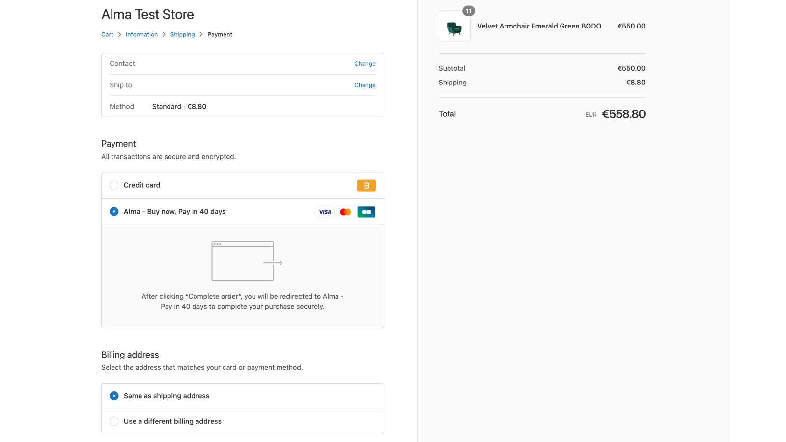 Alma payment method on shopify checkout