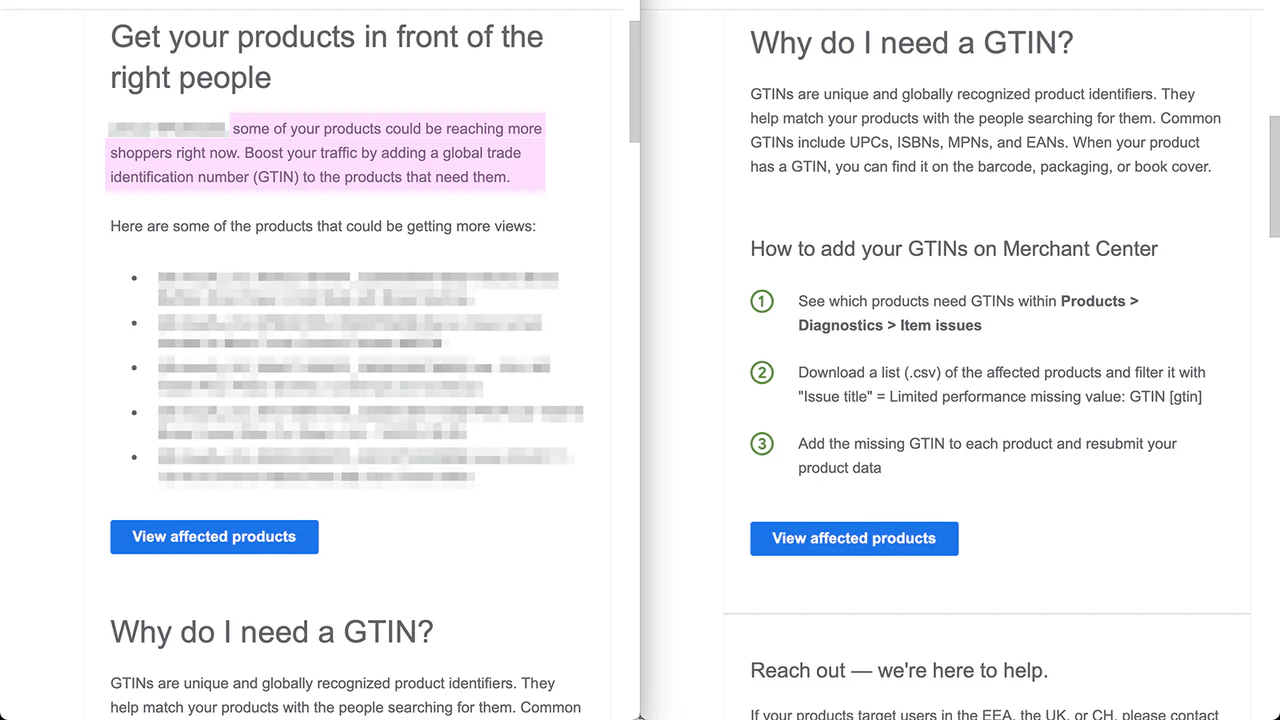 Google Merchant stuurt e-mails over GTINs