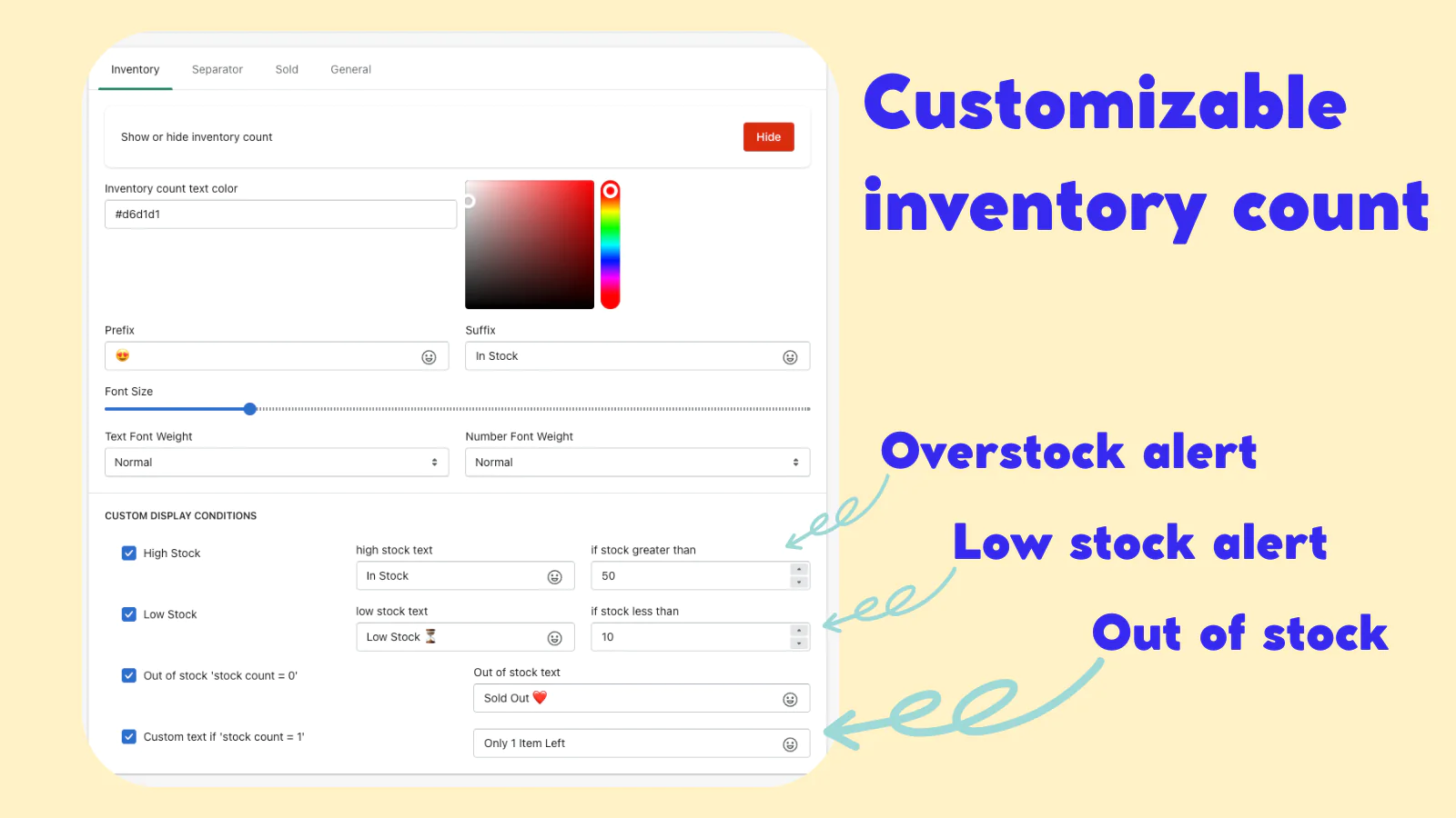 contador de inventario, cuenta regresiva de stock, stock bajo y sin stock