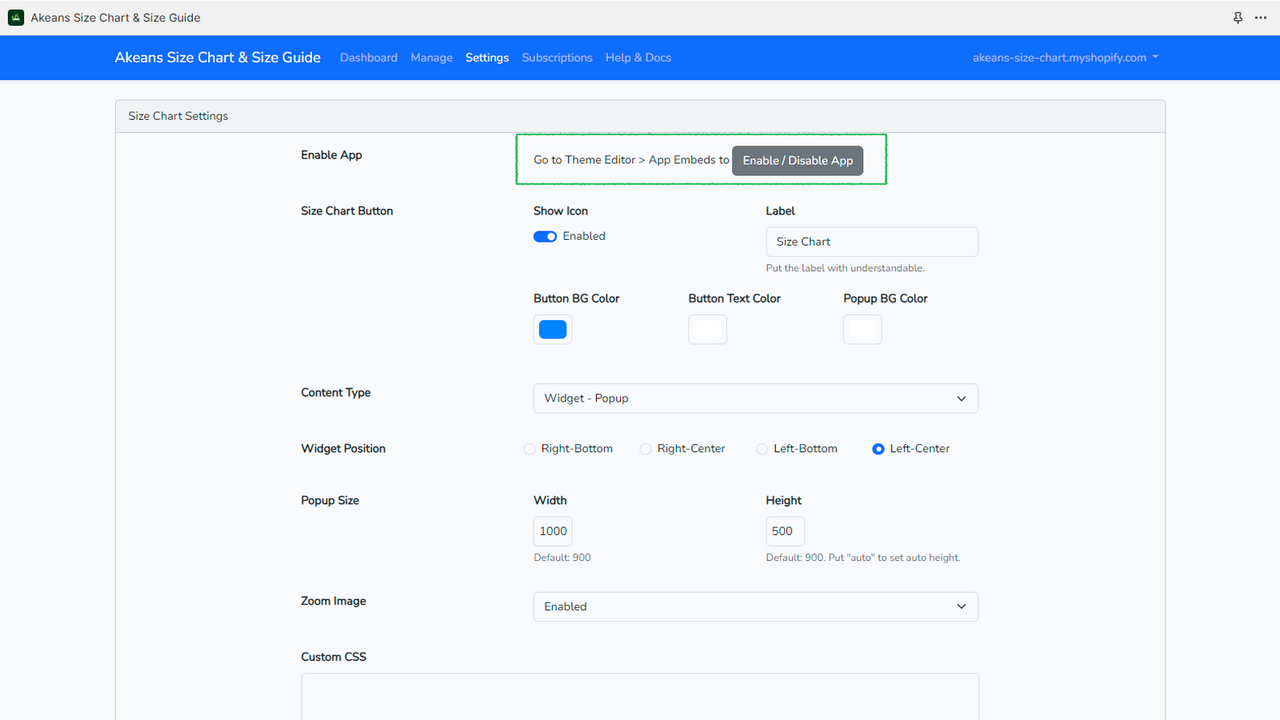 Easy Size Chart Settings